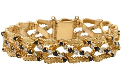 14K Yellow Gold Bracelet with Open Work Set with Diamonds and Blue Stones