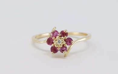 14KT Flower Design Ruby Ring w/ a Diamond