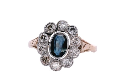 14k Gold and Platinum Rosetta Ring with Sapphire and Diamonds