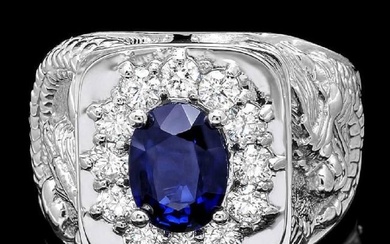 14k White Gold 1.97ct Sapphire and 0.60ct Diamond Mens Ring