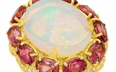 14k Yellow Gold 10.52ct Opal 8.67ct Pink Tourmaline 1.10ct Diamond Ring