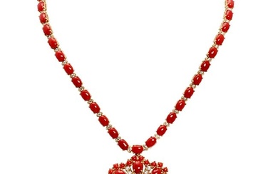 14k Yellow Gold 46.91ct Coral 3.14ct Diamond Necklace