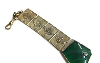 14k Yellow Gold Jade and Diamond Pocket Watch Chain, Engine Turned