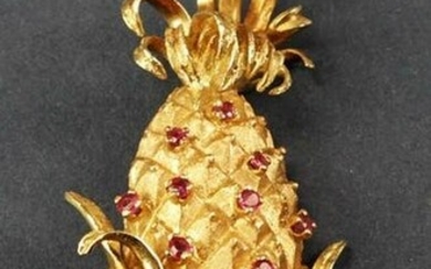 14k Yellow Gold Ruby Emerald Pineapple Brooch
