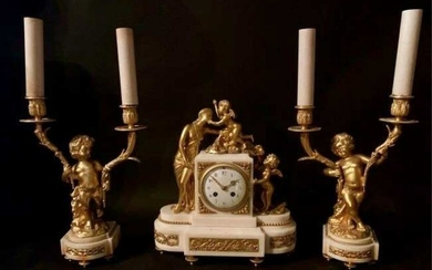 FRENCH DORE BRONZE AND WHITE MARBLE CLOCK SET