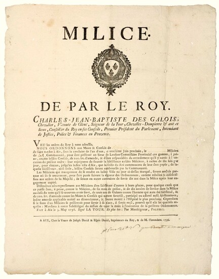 1756. PROVENCE. MILICE. « De par le ROY. »... - Lot 109 - Vermot et Associés