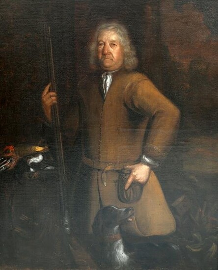 17TH CENTURY BRITISH SCHOOL PORTRAIT OF A GENTLEMAN HUNTER WITH HIS DOG, RIFLE AND GAME