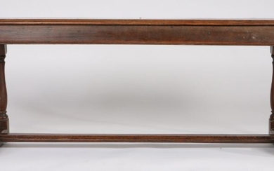 17th Century elm long bench, the rectangular top above turned legs united by H form stretchers