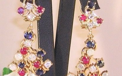 18 kt. Gold - Earrings - 4.21 ct Sapphire - Diamonds, Rubys