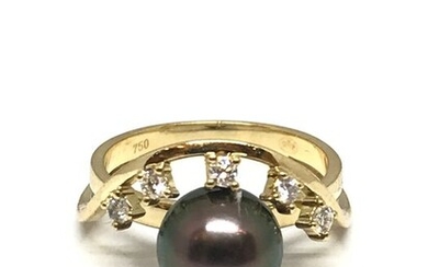 18 kt. Tahitian pearls, Yellow gold, 9 mm - Ring - Diamonds