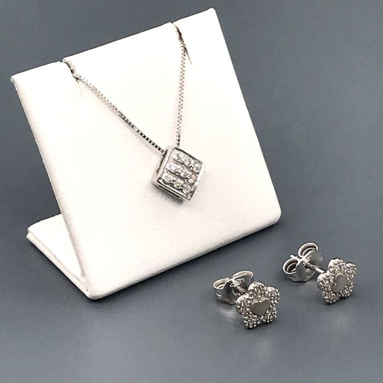 18 kt. White gold - Earrings, Necklace with pendant - 0.21 ct Diamond