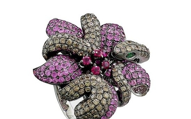 18 kt. White gold - Ring, Motif: snake and flower - 5.15 ct - Diamonds, Rubys, Sapphires, Tsavorites