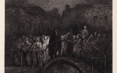 1800s GUSTAVE DORE SIGNED Woodcut LONDON NIGHT SCENE Framed