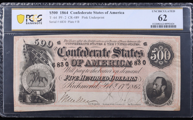 1864 Confederate States of America $500 Five Hundred Dollar Banknote (PCGS Uncirculated 62)