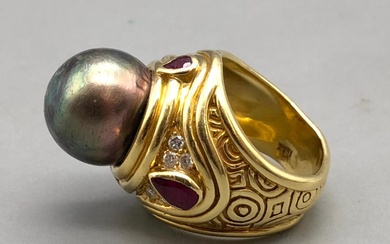 18K Gold, Diamond, Ruby, And Black Pearl Ring By Danuta