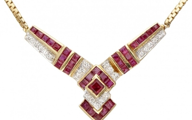 18K. Yellow gold necklace set with approx. 1.13 ct. natural ruby and approx. 0.10 ct....