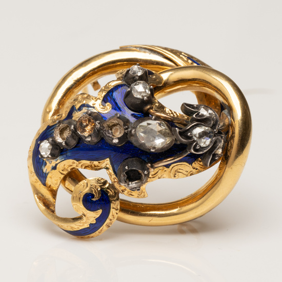 18K gold brooch with enamel work and rose cut diamonds, 19th century.