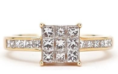 18ct gold princess cut diamond cluster ring with diamond set...