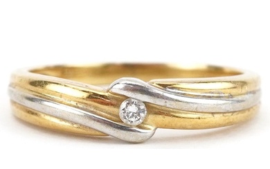 18ct two tone gold diamond solitaire crossover ring, size K,...