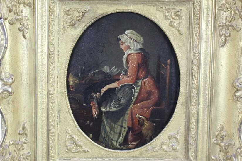 18th century French School oil on tin panel after Angelica Kauffman - kitchen interior with a maid plucking a turkey, in good gilt frame, 24cm x 19cm