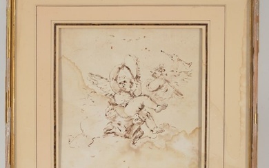 18th century Old Master drawing of cherubs with instruments. Ink. Framed no glass. Staining. Sight