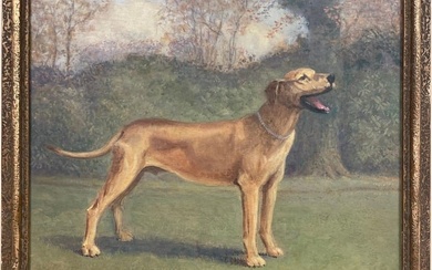 1900's English Dog Painting Portrait of Great Dane standing in Garden, signed 1920