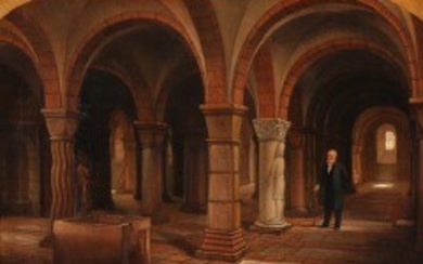 1918/100 - Morten Jepsen: The crypt in Lund Cathedral, Sweden. Unsigned. Oil on canvas. 43 x 62 cm.
