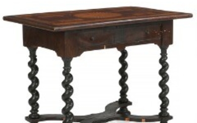 1918/109 - A North German or Dutch Baroque ebony, walnut and oakwood table. Table top with intarsia. Ball feet. Ca. 1700. H. 79 cm. W. 100 cm. D. 64 cm.