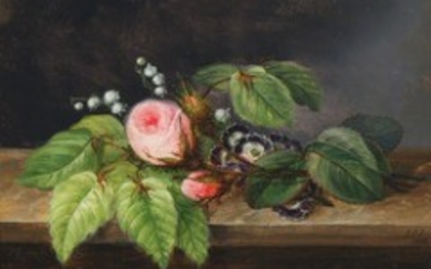1927/100 - I. L. Jensen, school of, 19th century: Flowers on a stone sill. Signed with monogram and dated 1866. Oil on panel. 16 x 23 cm.
