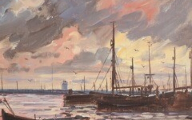 1927/109 - Svend Danelund: Scenery at Skagen harbour with ships. Signed and dated SD, Skagen 1952. Oil on plate. 18 x 22 cm.