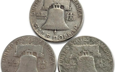1951, 1953 & 1954 US Franklin silver half dollar coins