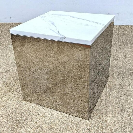 1970s Chrome Laminate Cube Table with Marble Top.