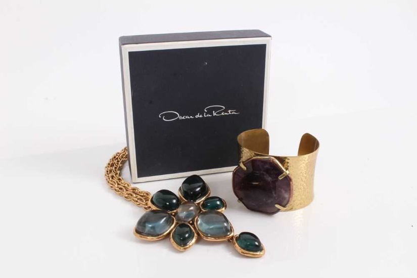 1980s Oscar de la Renta gilt metal and green resin pendant brooch/necklace and Jaeger cuff bangle