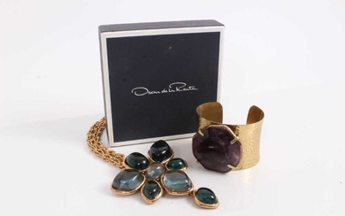 1980s Oscar de la Renta gilt metal and green resin pendant brooch/necklace and Jaeger cuff bangle