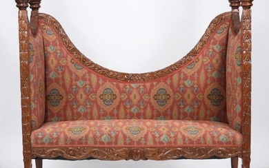 19C Carved Wood Upholstered Window Bench Seat