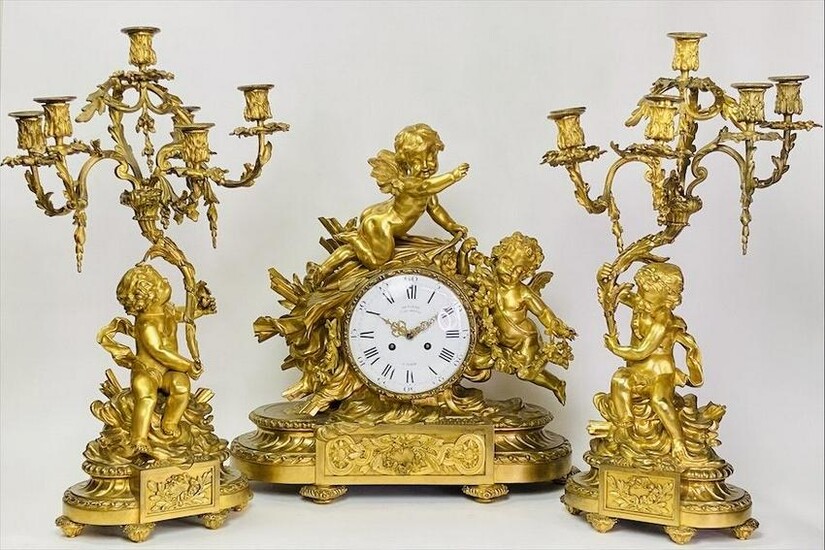 19TH C. FRENCH DORE BRONZE CLOCK SET BY DENIER/PICARD
