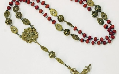 19thC Salmon Red Italian Coral 12k Gold Rosary Necklace