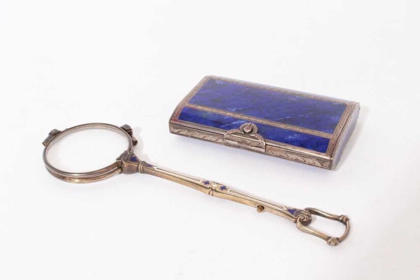 19th Century Continental white metal snuff box of rectangular form, set with panels of Lapis Lazuli, hinged cover revealing gilded interior (apparently unmarked) together with a pair of silver and...