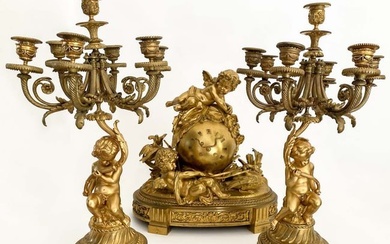 19th Century French Bronze Mantel Figural Clock set