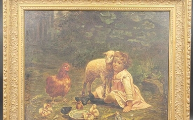 19th Oil On Canvas A Child Doll Sheep & Chickens