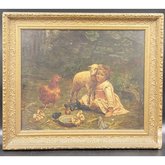 19th Oil On Canvas A Child Doll Sheep & Chickens