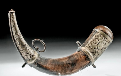 19th c. Persian Powder Horn w/ Embossed Nickel Silver