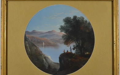 19th century American Hudson River round landscape painting with figures on a bluff overlooking the