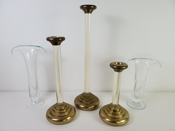 2 Art Glass Vases & 3 Brass/ Glass Candle Holders