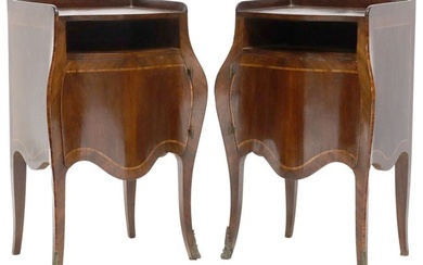 (2) FRENCH LOUIS XV STYLE MATCHED VENEER BOMBE BEDSIDE CABINETS