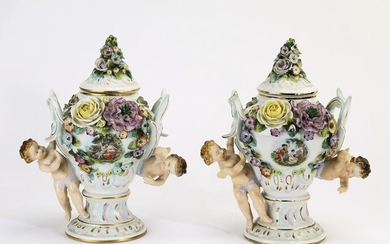 (2) German porcelain floral urns by Sitzendorf