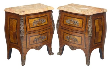 (2) ITALIAN LOUIS XV STYLE INLAID MATCHED VENEER BEDSIDE CABINETS