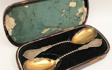2 LARGE SILVER SERVING SPOONS W/ GOLD VERMEIL