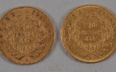2 pieces of 20 Fr, Gold, Napoleon III bare head (1854 and 1857) Workshop A. (small wears) Weight: 12,86 gr.