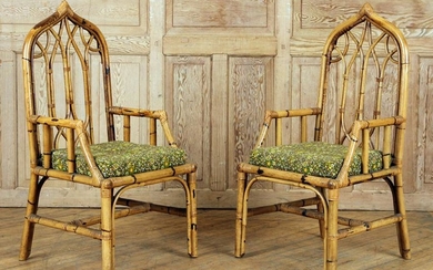 UNUSUAL PAIR GOTHIC STYLE RATTAN CHAIRS C.1950